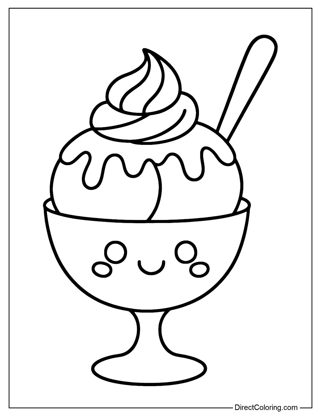 Coloring page of a 2-scoop sundae, chocolate sauce topping, whipped cream. Smiling face, with spoon.